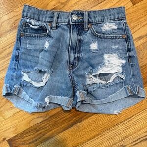 Aeropostale Aero Blue Distressed Denim Shorts High Waisted Raw Hem Size 000